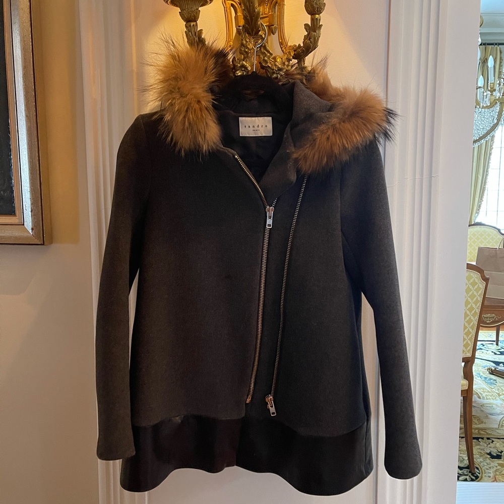 SANDRO Wool Coat with Racoon Fur Hood